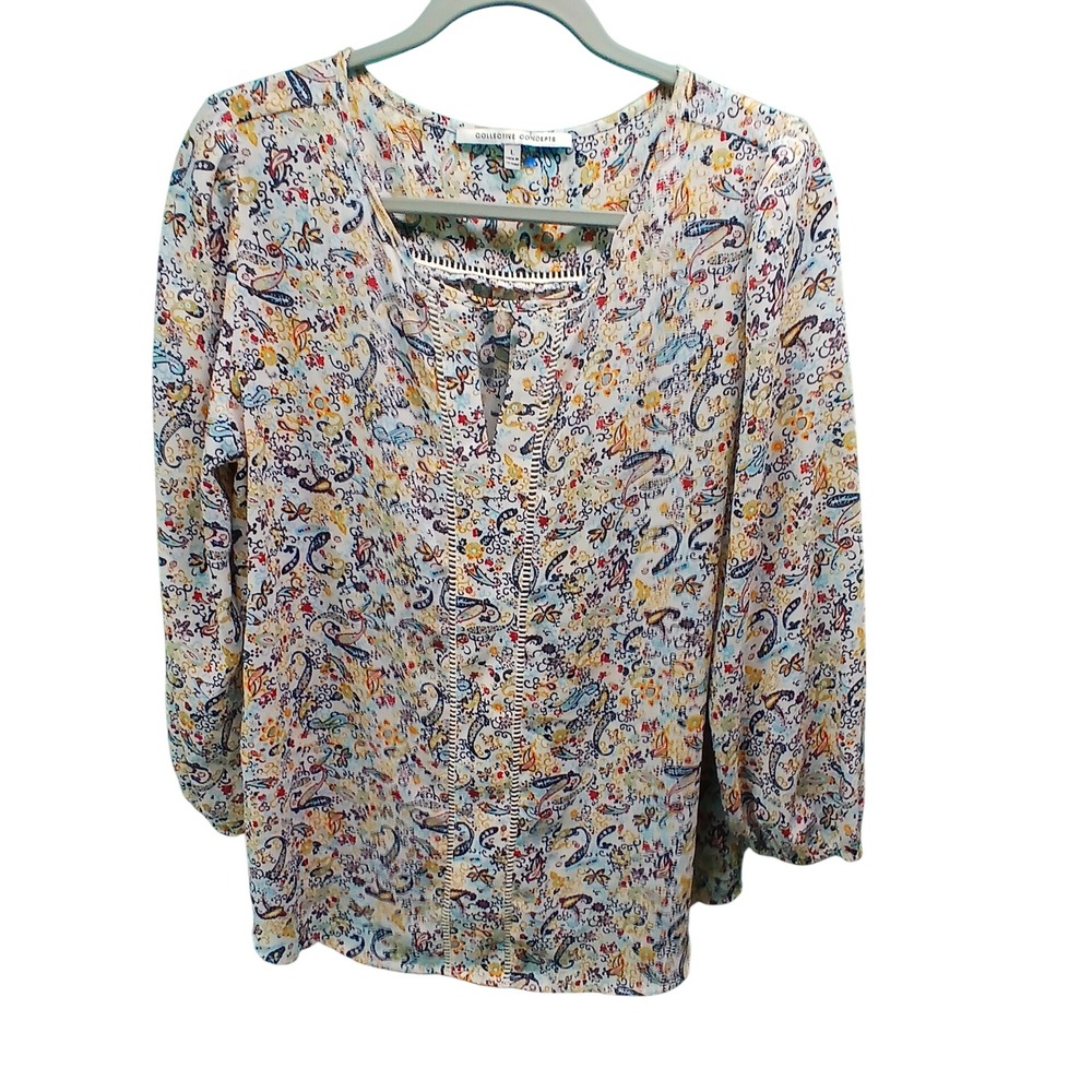 Collective Concepts Blouse Large Multicolor‎ Paisley Boho Crochet Split Neck Top